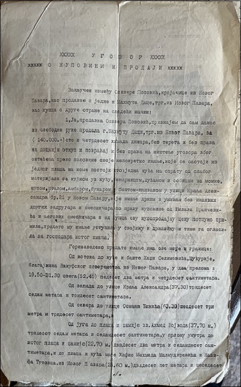 Prva strana kupoprodajnog ugovora iz 1942. godine između Mahmuta Dace i Olivere Popović